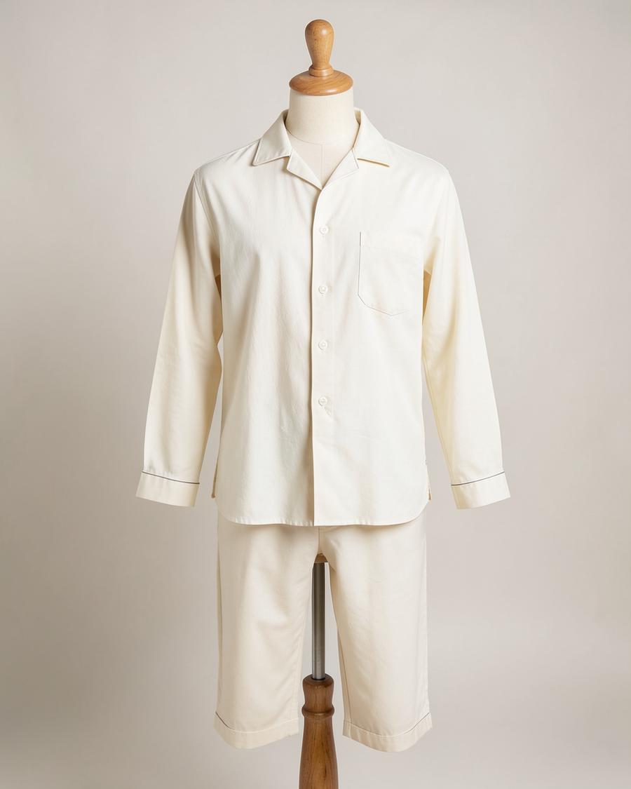 Ivory cotton night shirt and lounge pyjama on a headless tailor mannequin