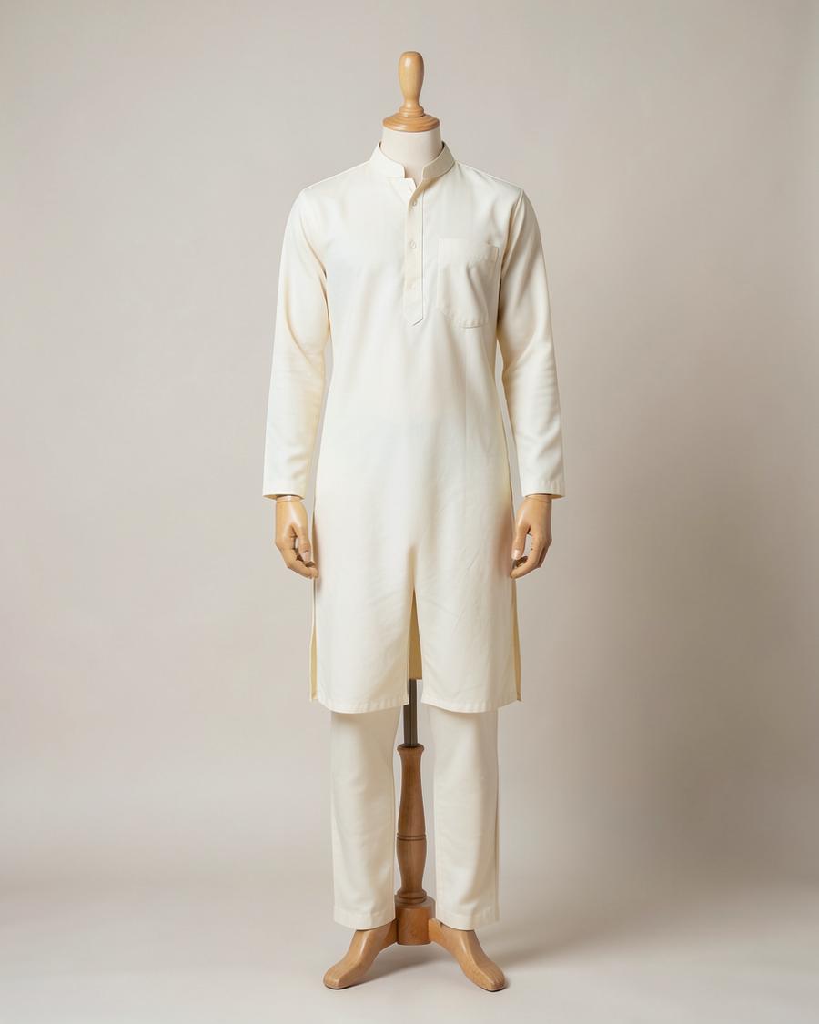 Ivory kurta and pyjama set on a headless tailor mannequin against a plain studio backdrop
